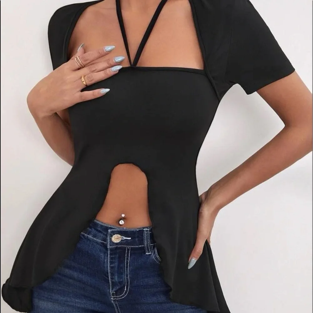 New Sexy Black Plain Asymmetrical Hem Tie Back Halter Short Sleeve Top - Picture 2 of 13